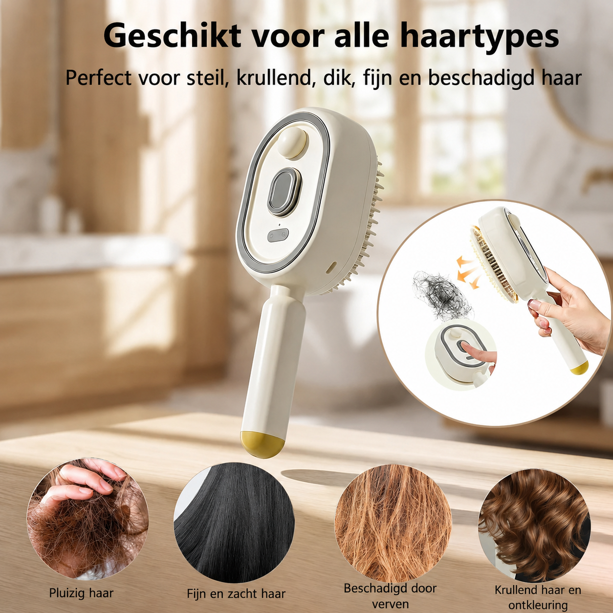 2-in-1 Stoom Haarborstel met Roodlichttherapie – Anti-Pluis Ontklitborstel met Verneveling – Elektrische Massageborstel voor Glanzend en Gezond Haar