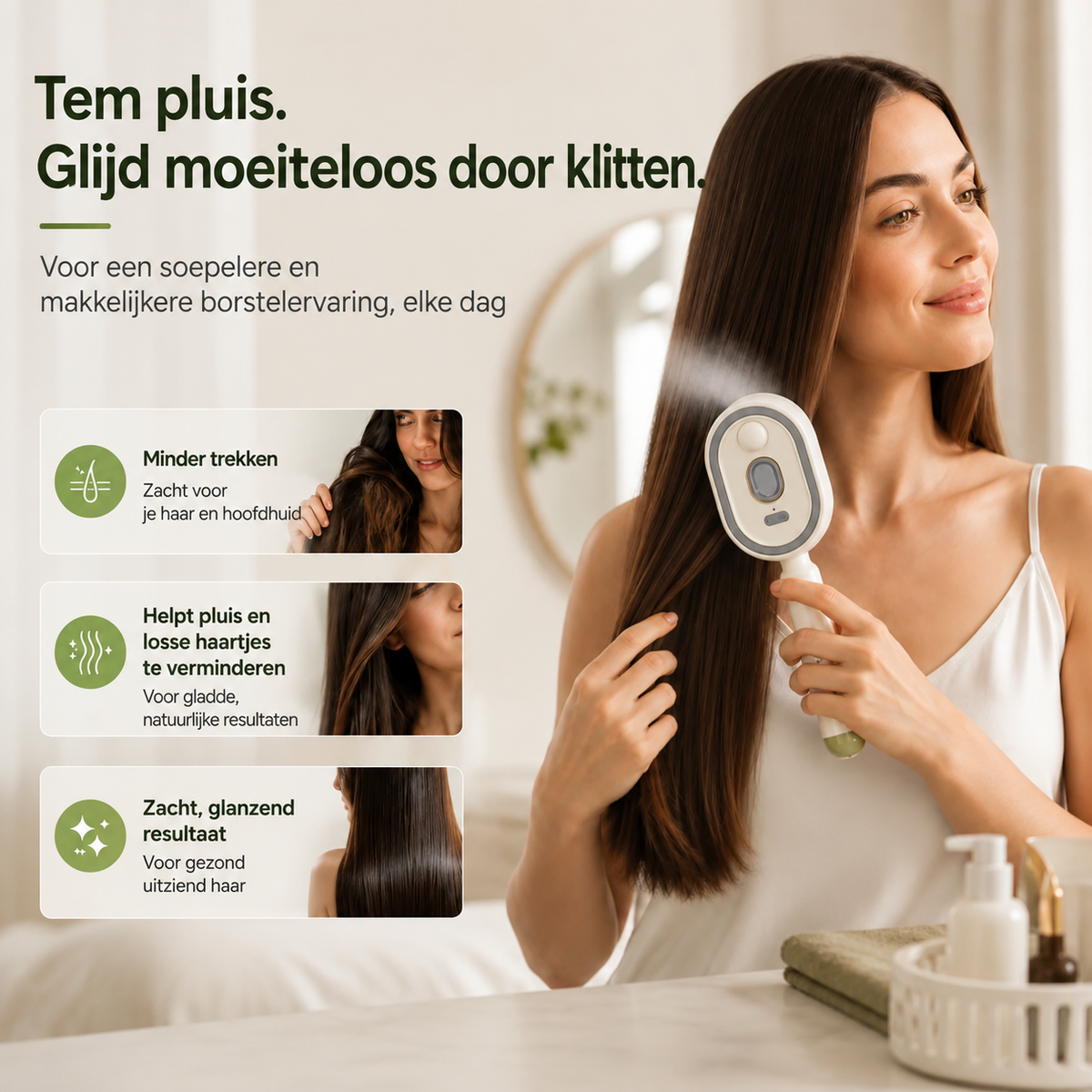 2-in-1 Stoom Haarborstel met Roodlichttherapie – Anti-Pluis Ontklitborstel met Verneveling – Elektrische Massageborstel voor Glanzend en Gezond Haar